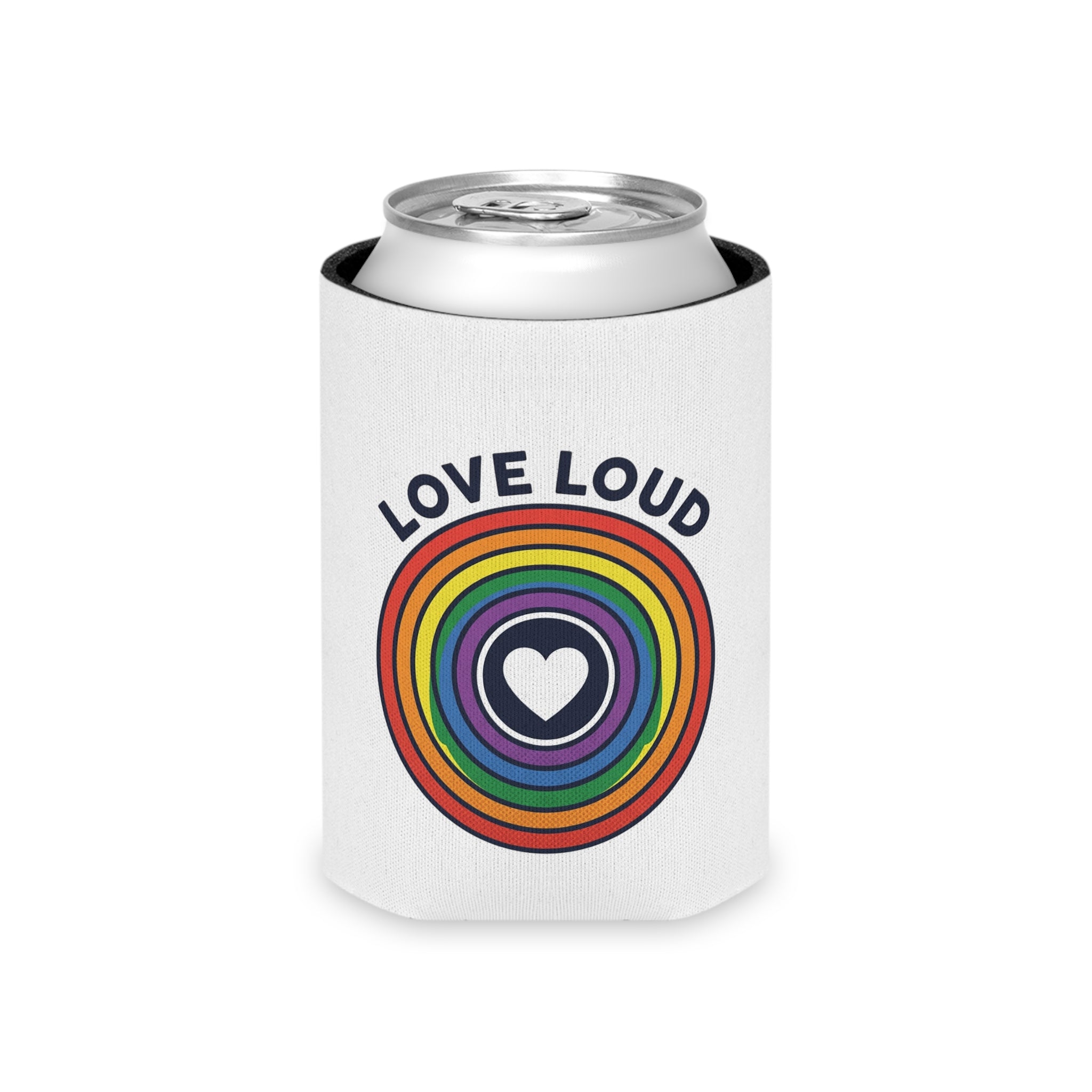Can Cooler — "Love Loud" Rainbow Heart Pride Can Cooler (Insulated Drink Koozie)